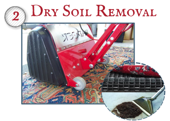 Dry soil removal is the most important step in cleaning any textile. Woven rugs, especially hand knotted rugs are designed to hide dry soil. A few years ago, the Eureka company did a study and found that a 9 x 12 rug could hide 87 pounds of dirt! We use a variety of techniques to “dust” the rugs from the front and back. A machine called a pile lifter, special vacuum attachments, and many additional methods are implemented in this process.